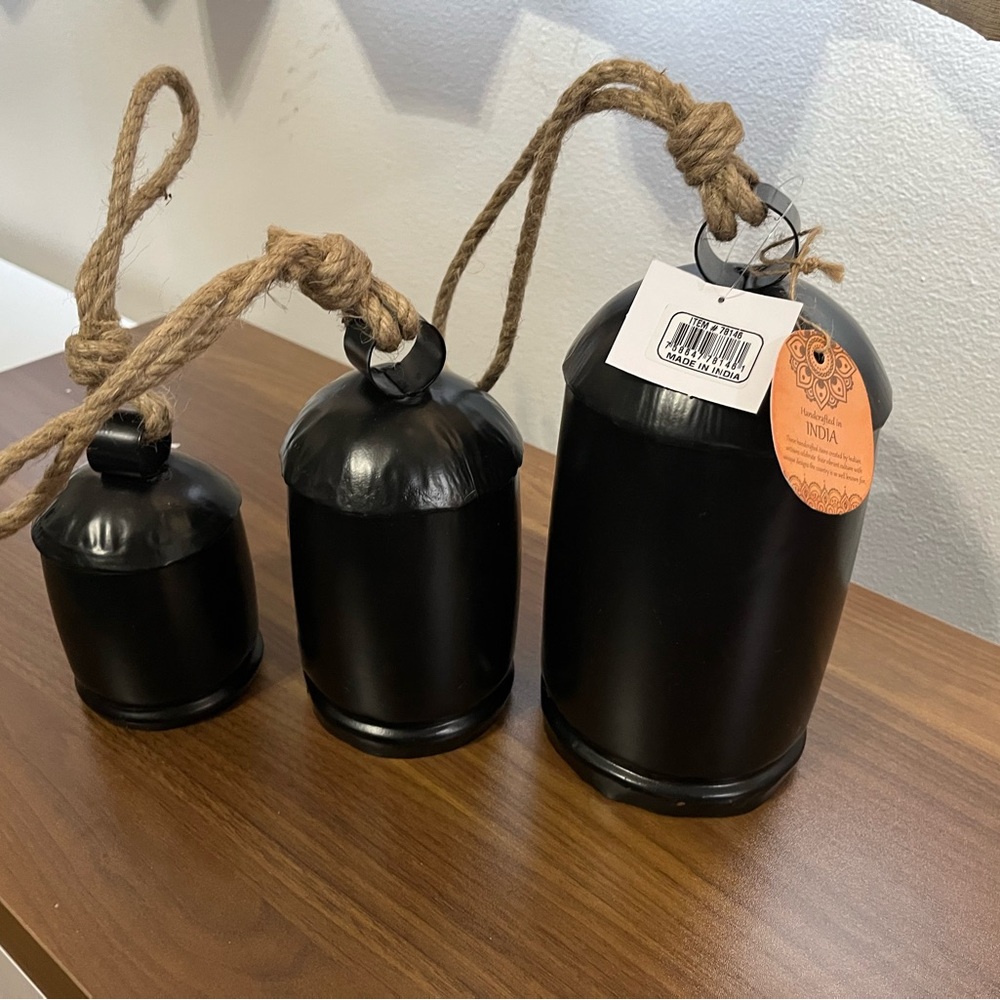 Black Metal Tibetan Inspired Decorative Cow Bells with Jute Hanging Rope